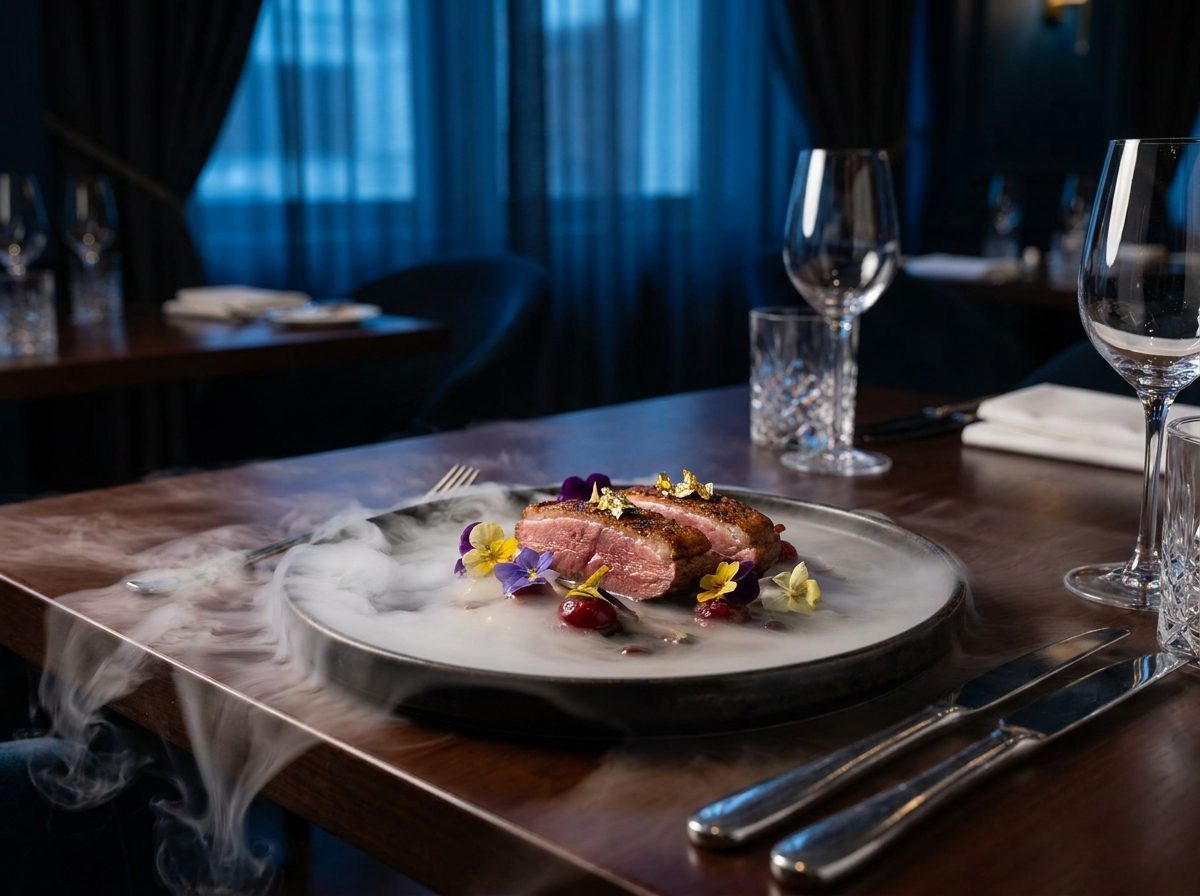 Présentation gastronomique avec glace carbonique